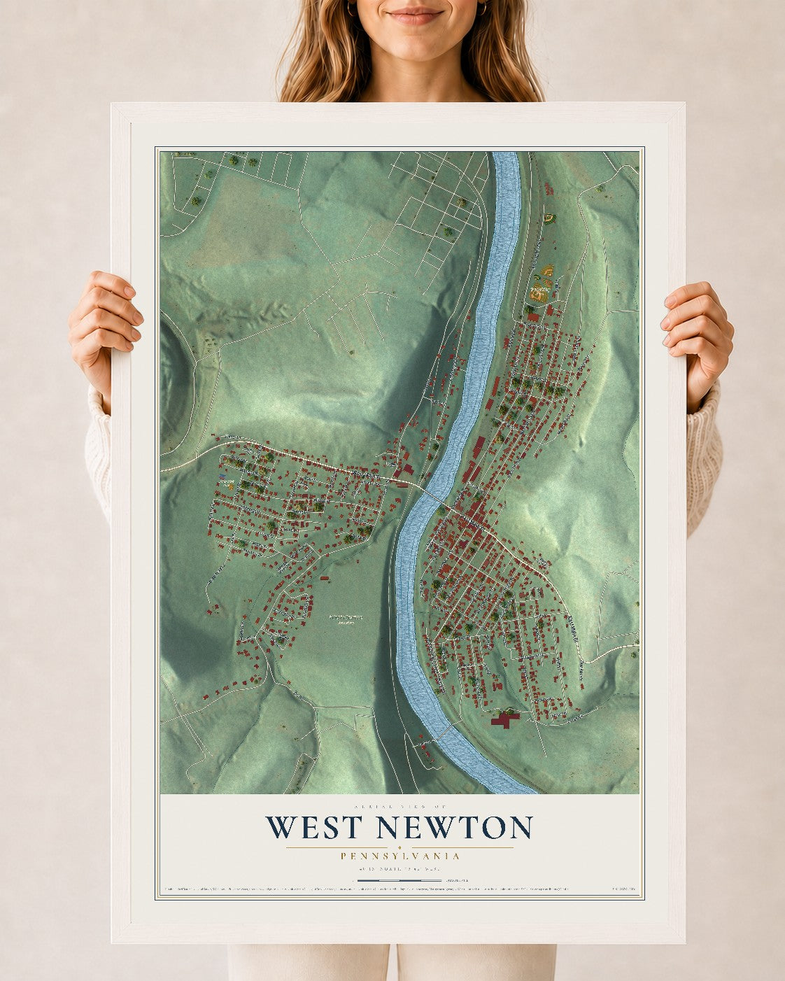 Map of West Newton, Pennsylvania, 24 x 36 inch print in a white wood frame