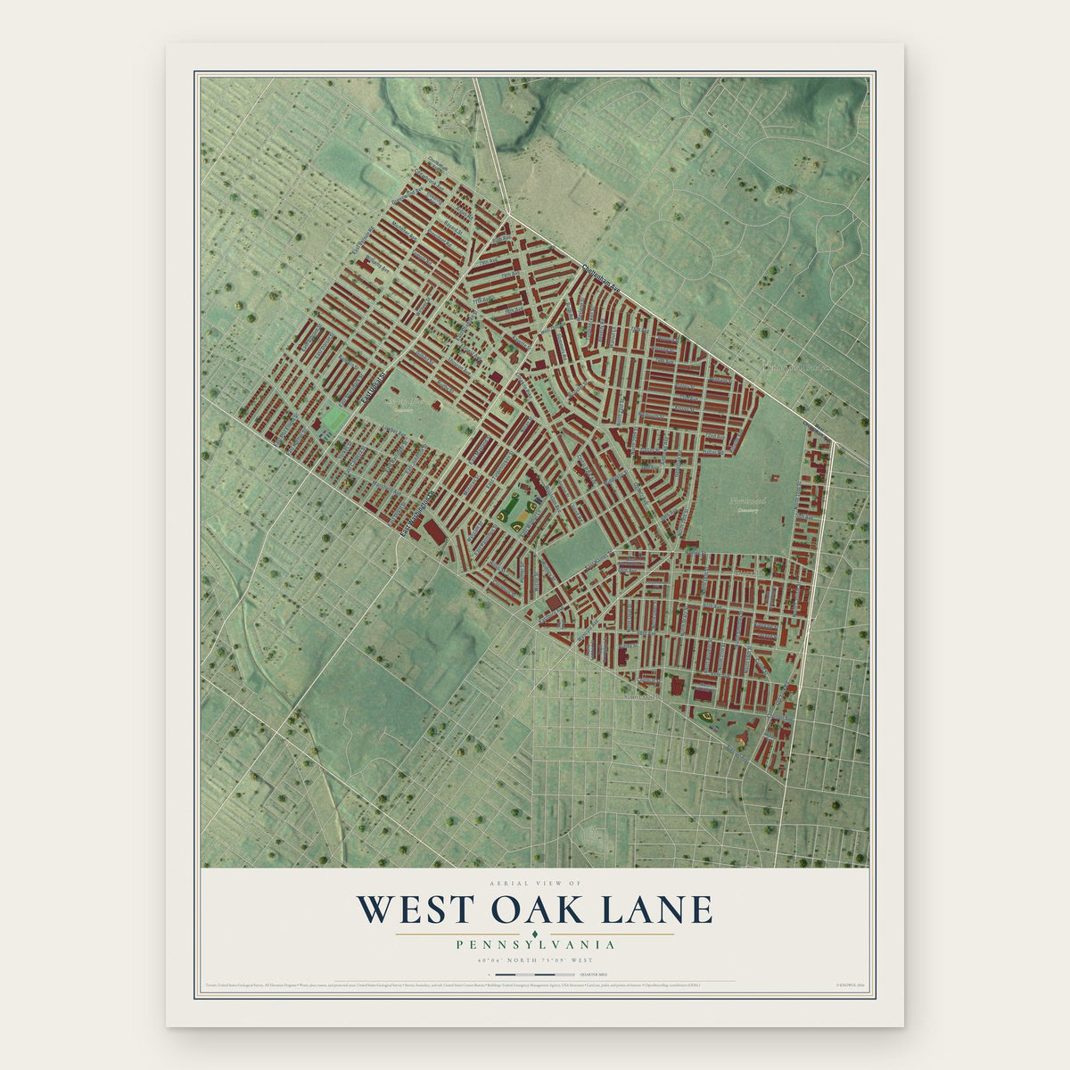 West Oak Lane, Pennsylvania map print, the full design