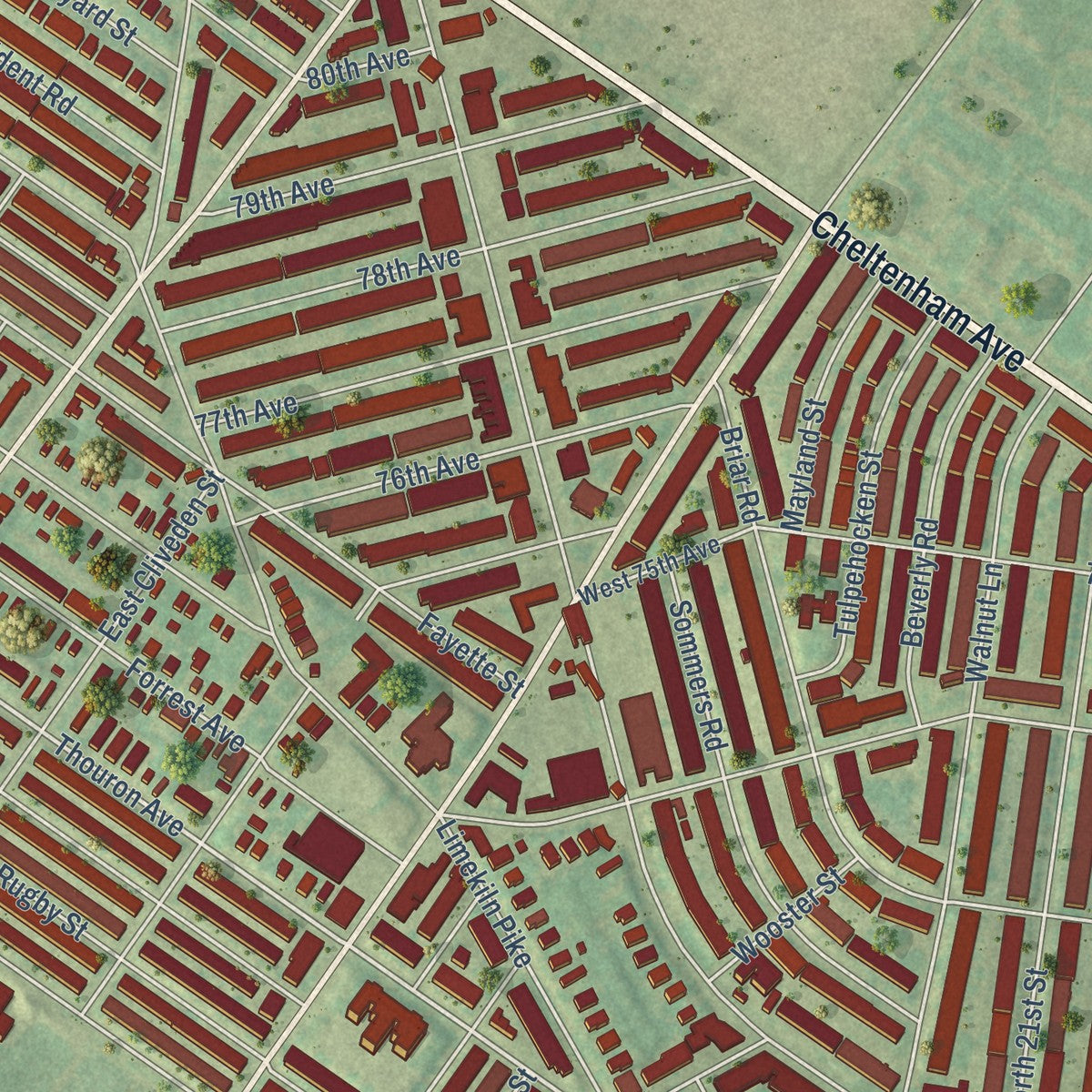 Close-up of the map of West Oak Lane, Pennsylvania print showing street and building detail