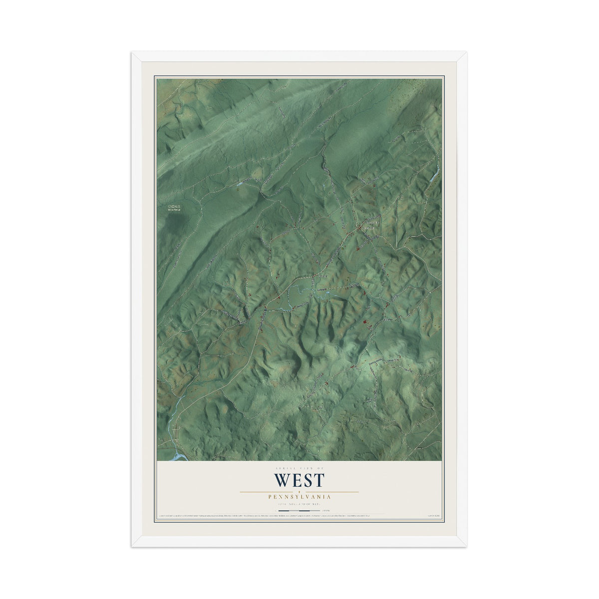 Map of West, Pennsylvania, 12 x 18 inch print in a white wood frame