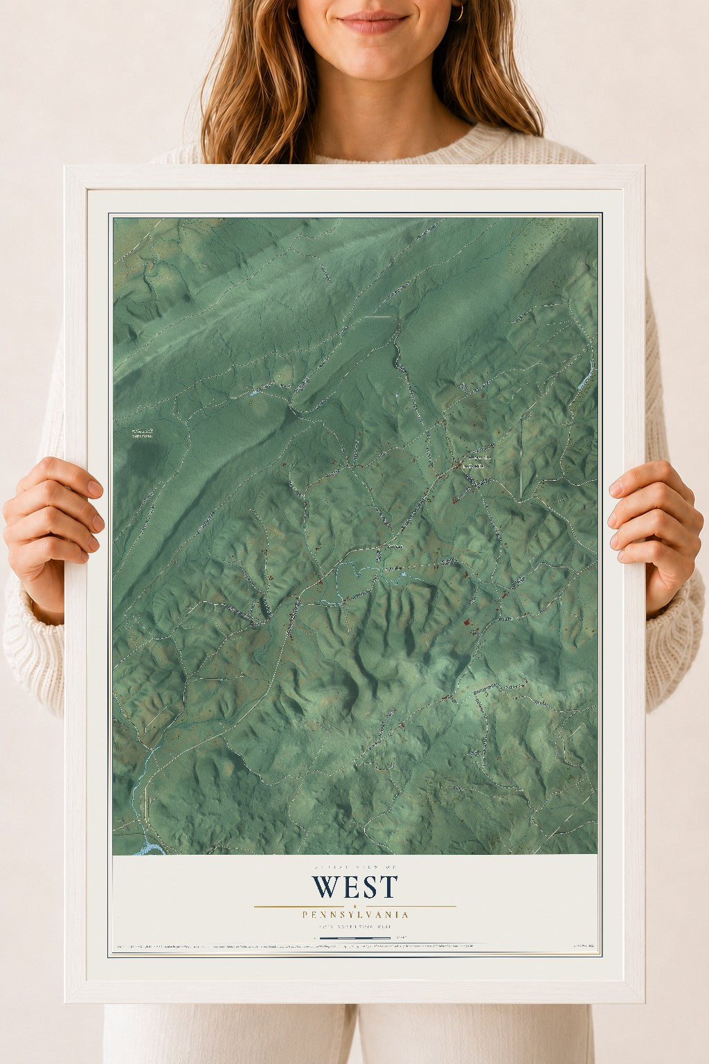 Map of West, Pennsylvania, 18 x 24 inch print in a white wood frame