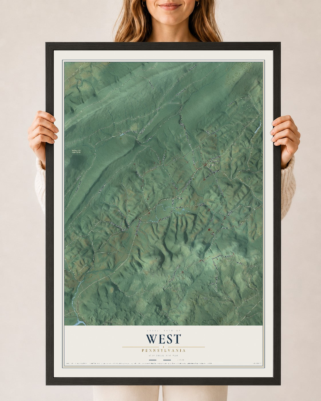 Map of West, Pennsylvania, 24 x 36 inch print in a black wood frame