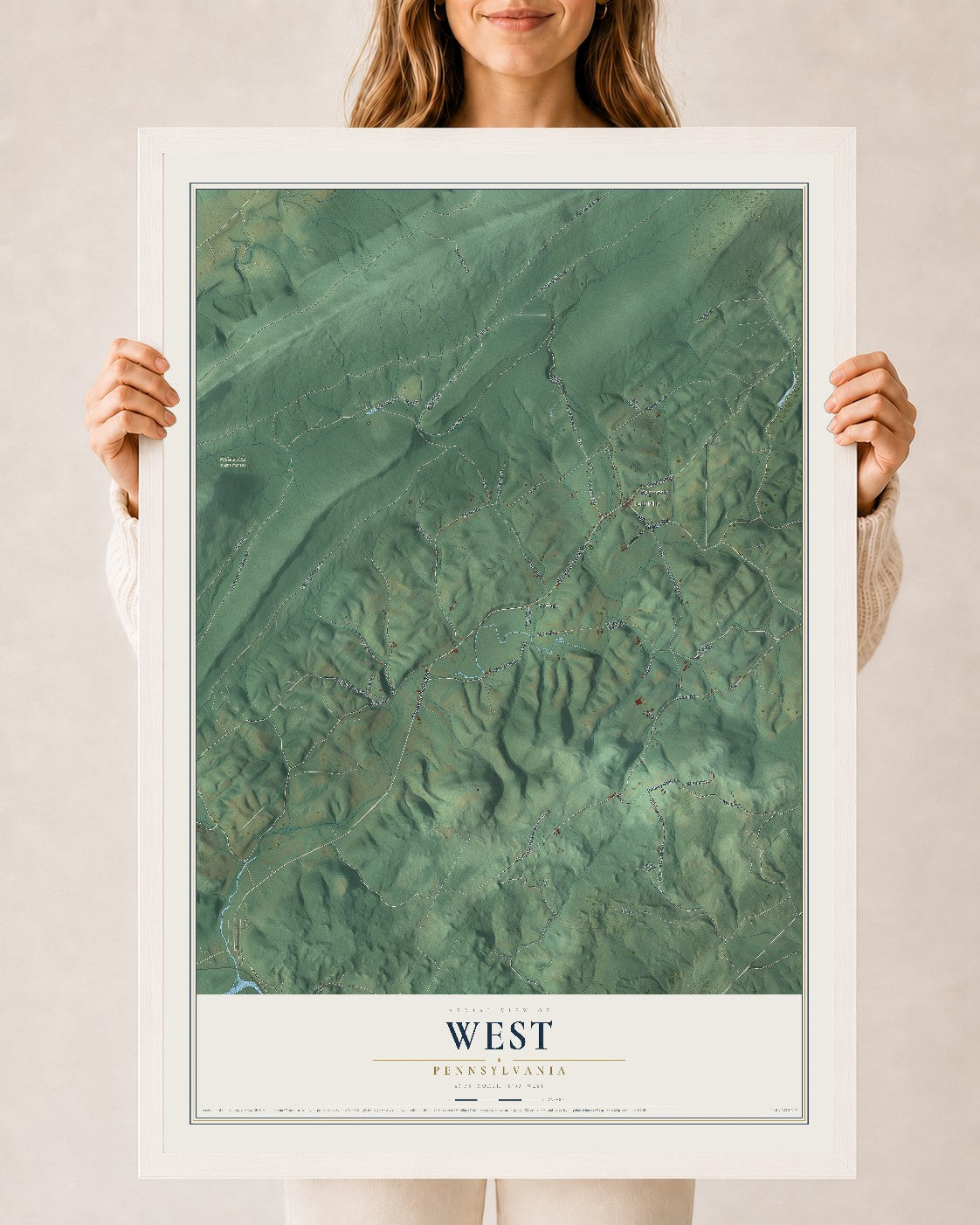 Map of West, Pennsylvania, 24 x 36 inch print in a white wood frame