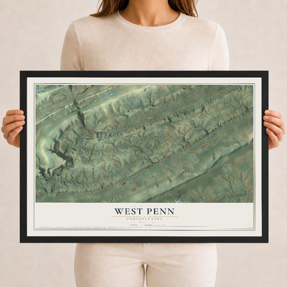 Map of West Penn, Pennsylvania, 12 x 18 inch print in a black wood frame
