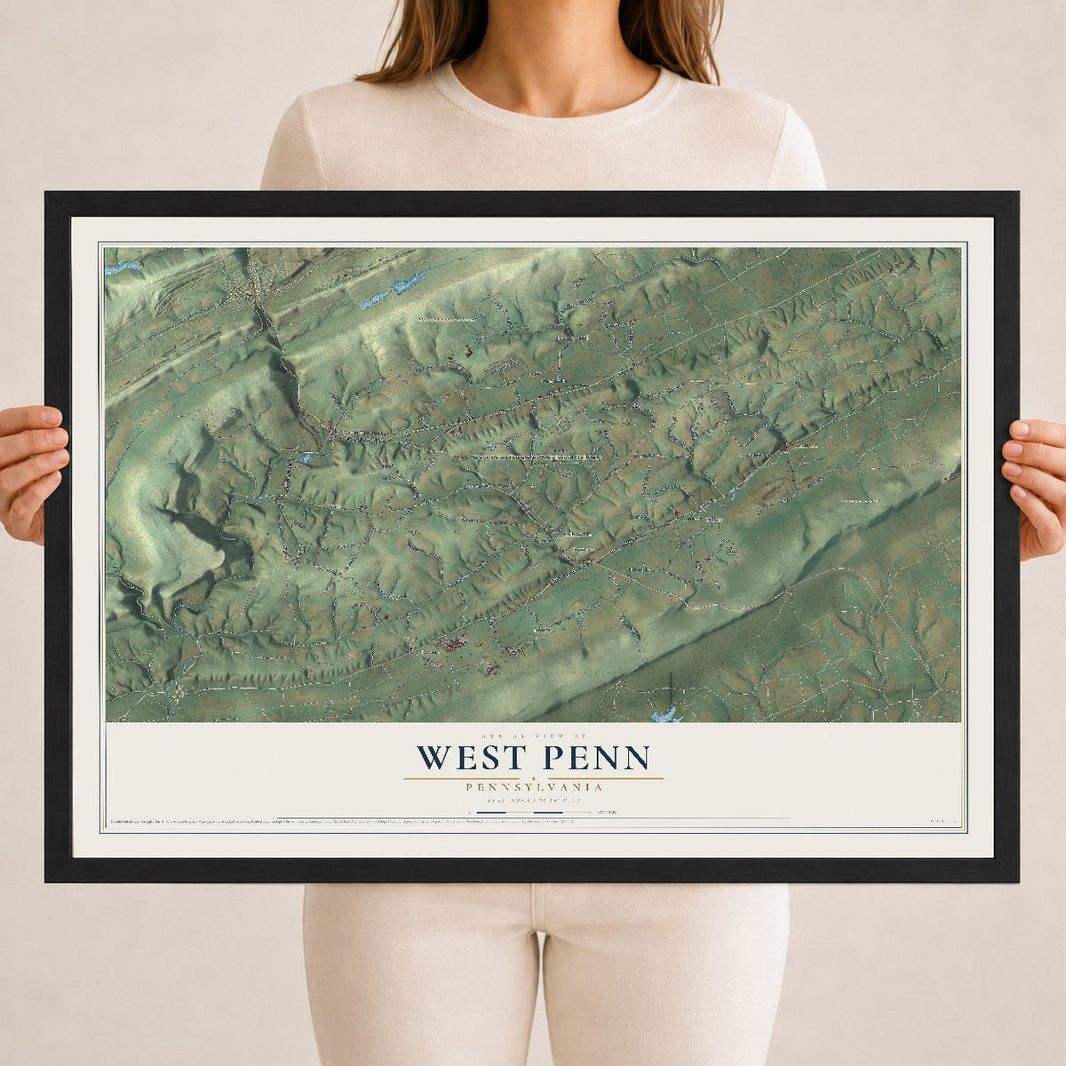 Map of West Penn, Pennsylvania, 18 x 24 inch print in a black wood frame