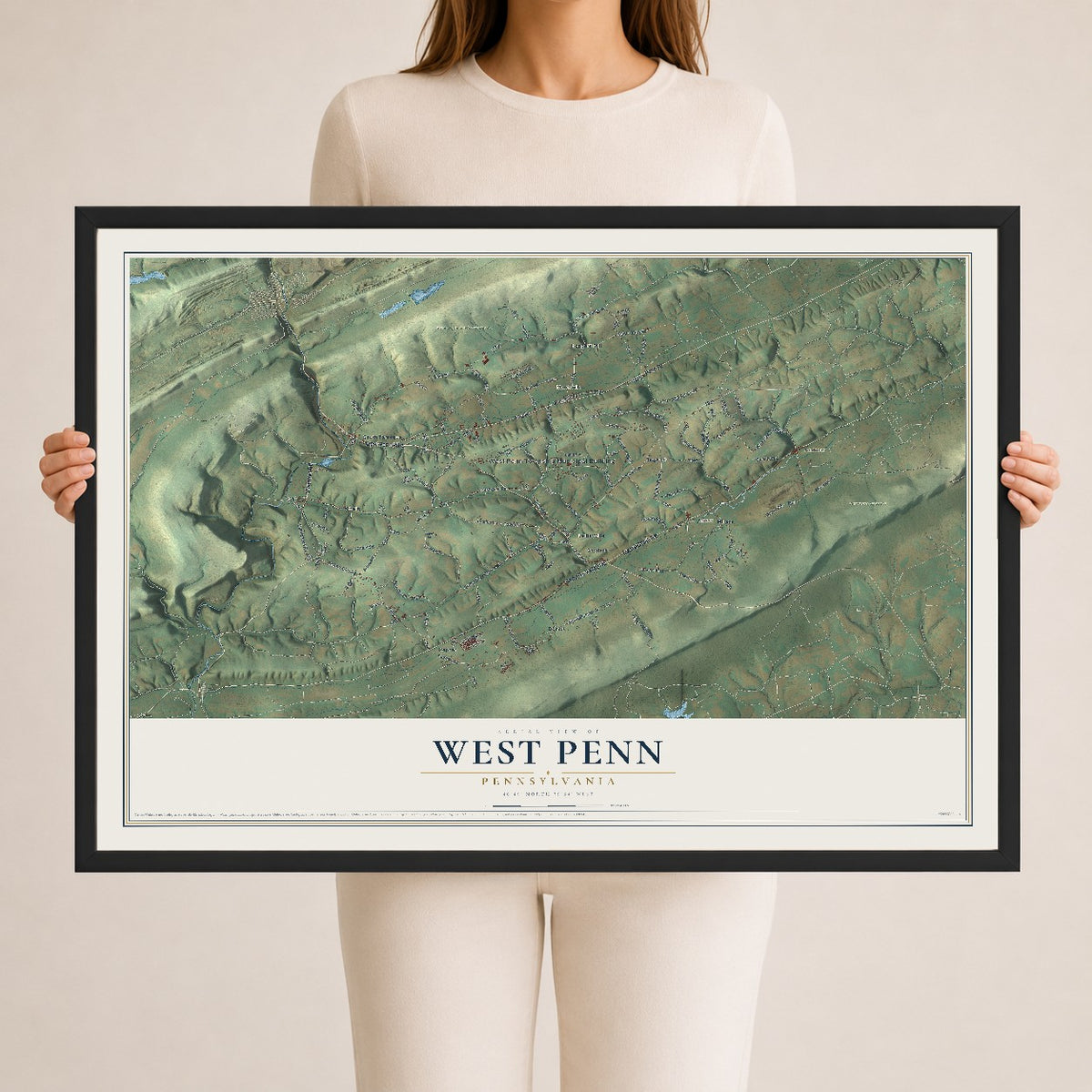 Map of West Penn, Pennsylvania, 24 x 36 inch print in a black wood frame