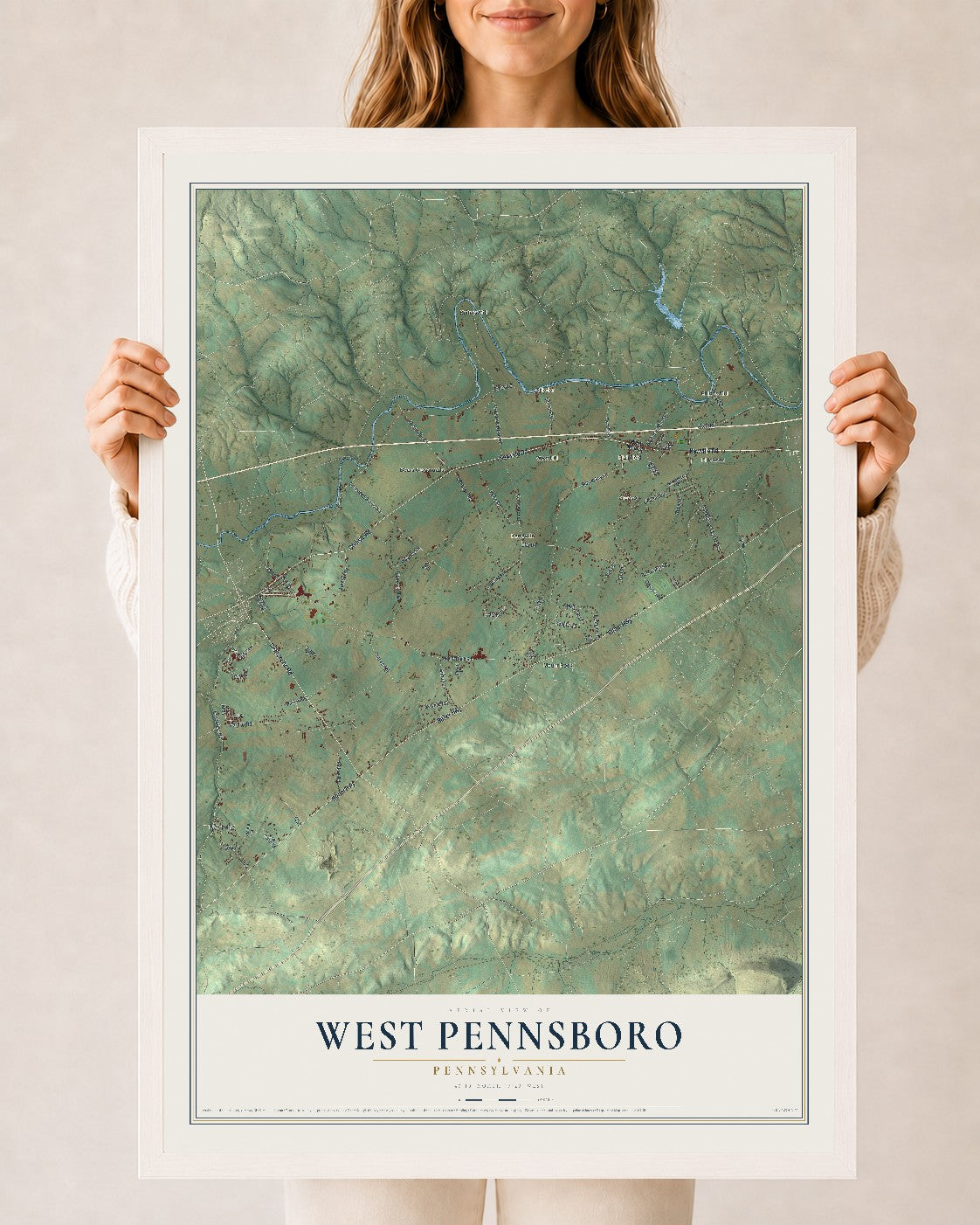 Map of West Pennsboro, Pennsylvania, 24 x 36 inch print in a white wood frame