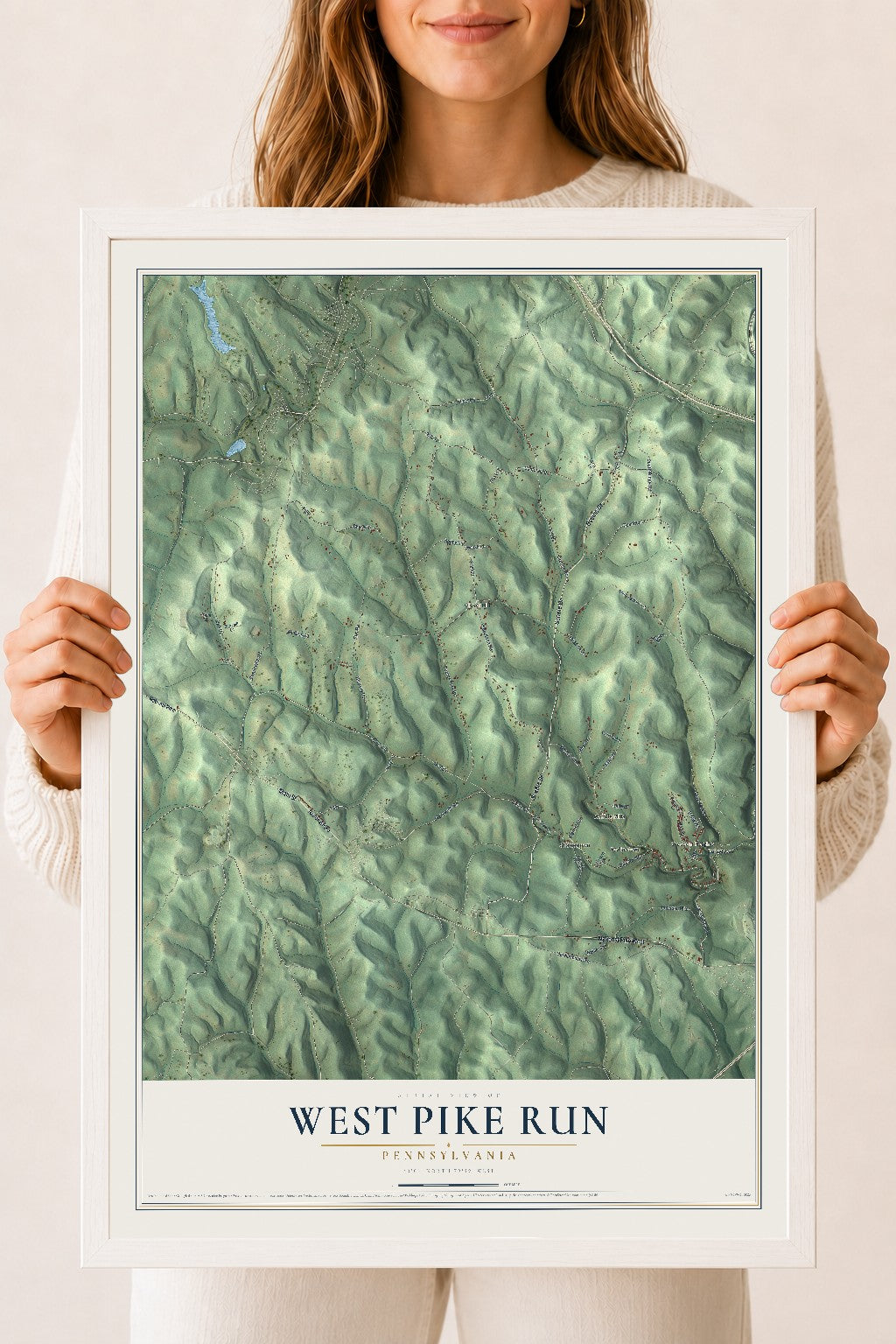Map of West Pike Run, Pennsylvania, 18 x 24 inch print in a white wood frame