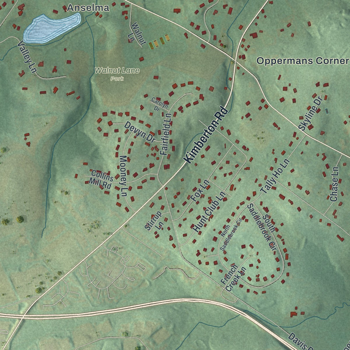 Close-up of the map of West Pikeland, Pennsylvania print showing street and building detail