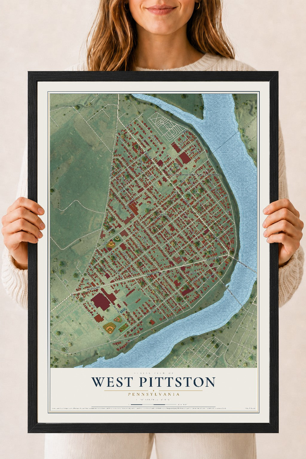 Map of West Pittston, Pennsylvania, 18 x 24 inch print in a black wood frame
