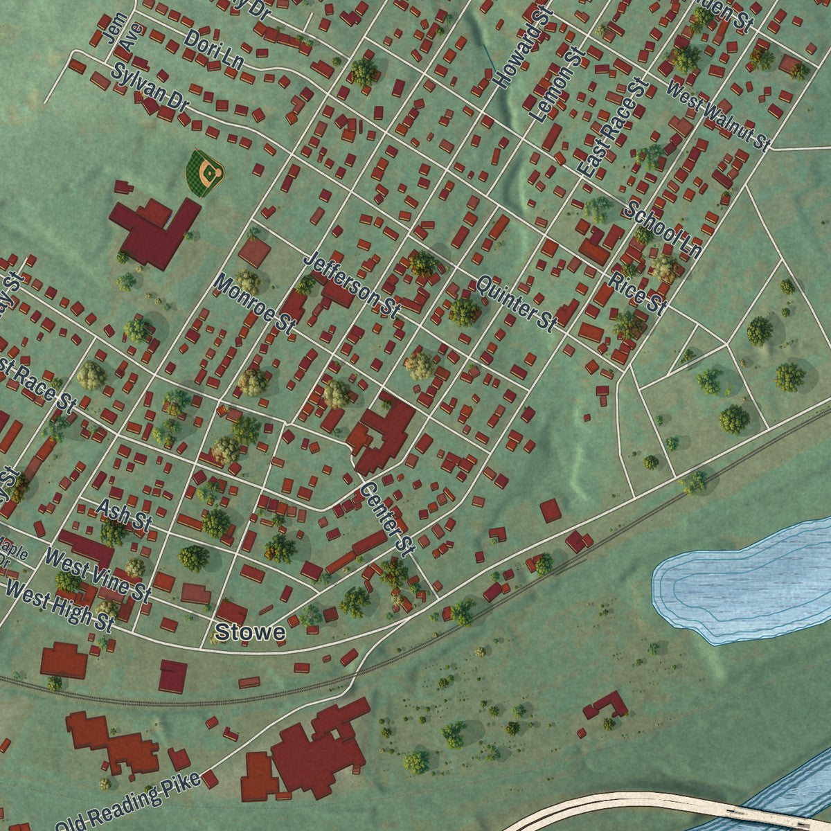 Close-up of the map of West Pottsgrove, Pennsylvania print showing street and building detail