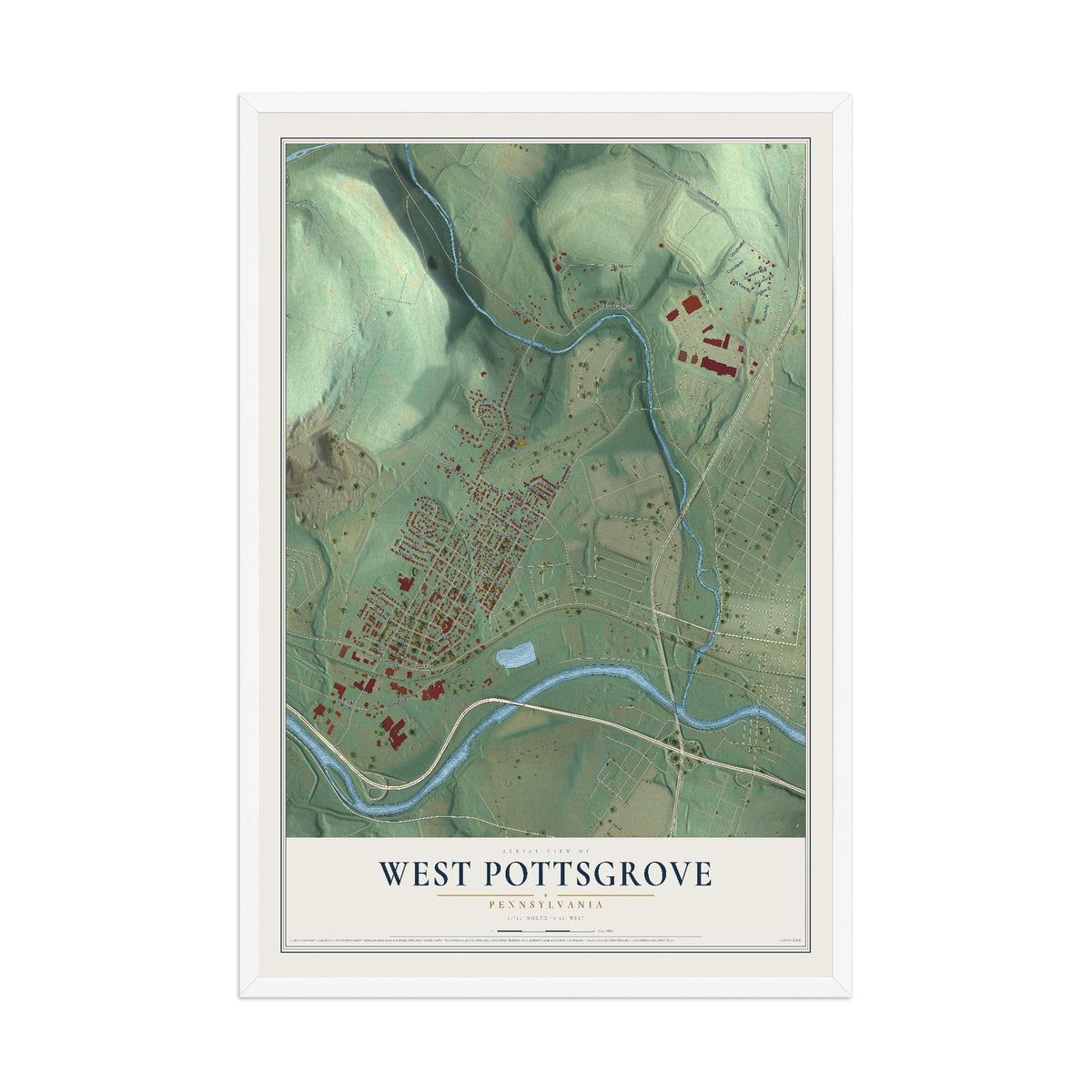 Map of West Pottsgrove, Pennsylvania, 12 x 18 inch print in a white wood frame