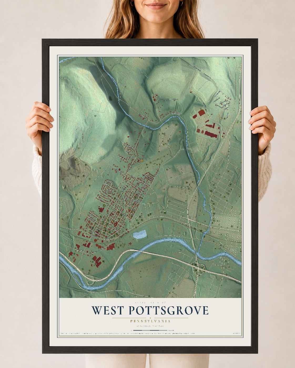 Map of West Pottsgrove, Pennsylvania, 24 x 36 inch print in a black wood frame