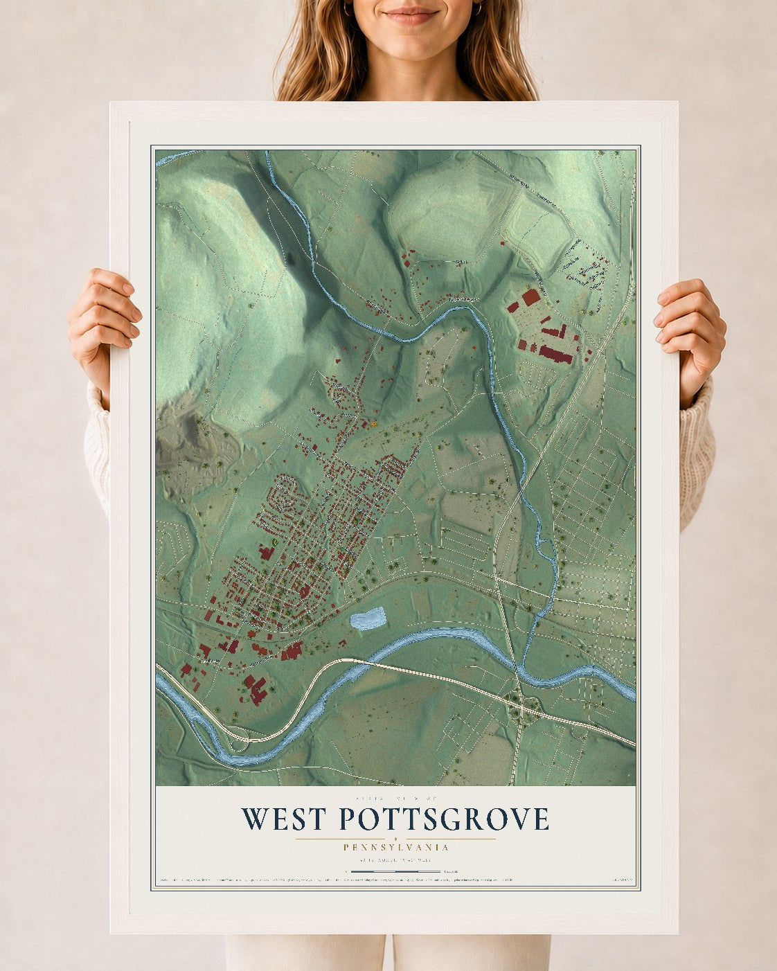 Map of West Pottsgrove, Pennsylvania, 24 x 36 inch print in a white wood frame