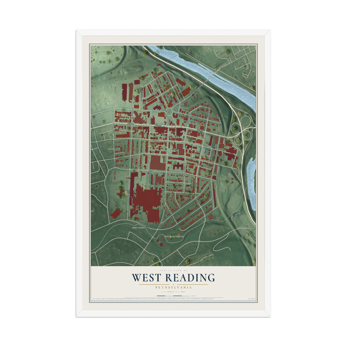 Map of West Reading, Pennsylvania, 12 x 18 inch print in a white wood frame