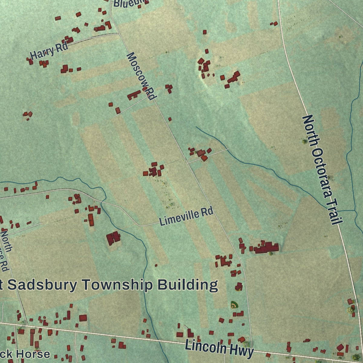 Close-up of the map of West Sadsbury, Pennsylvania print showing street and building detail
