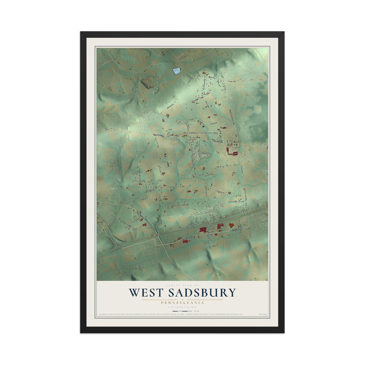 Map of West Sadsbury, Pennsylvania, 12 x 18 inch print in a black wood frame