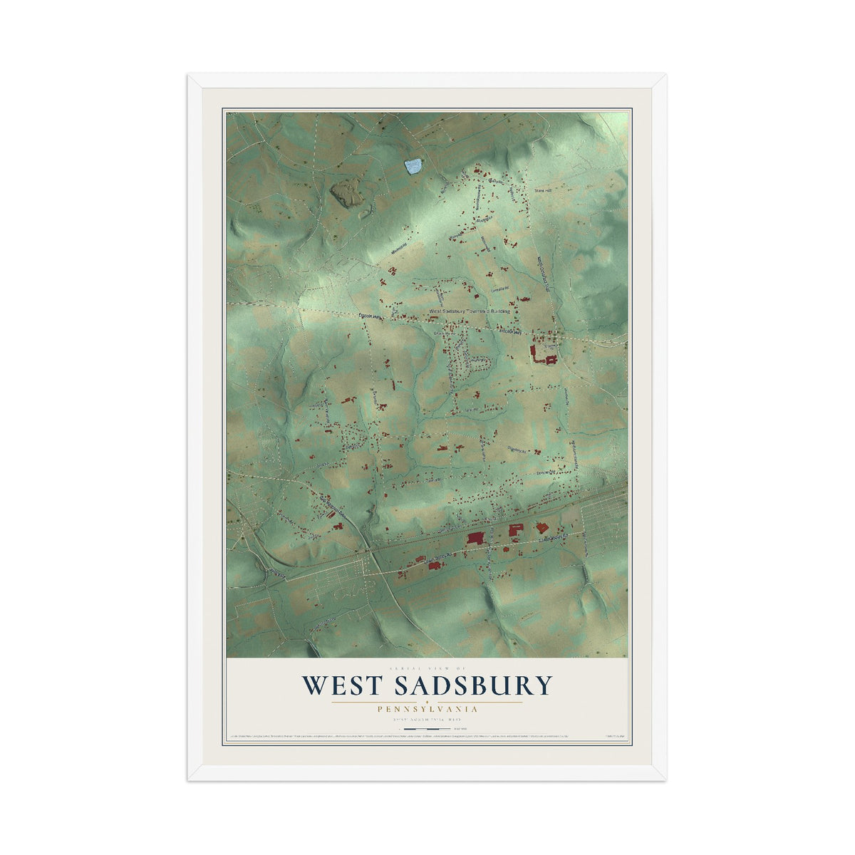 Map of West Sadsbury, Pennsylvania, 12 x 18 inch print in a white wood frame