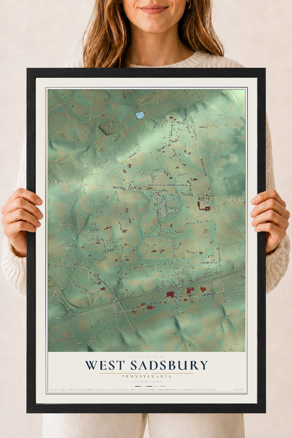 Map of West Sadsbury, Pennsylvania, 18 x 24 inch print in a black wood frame