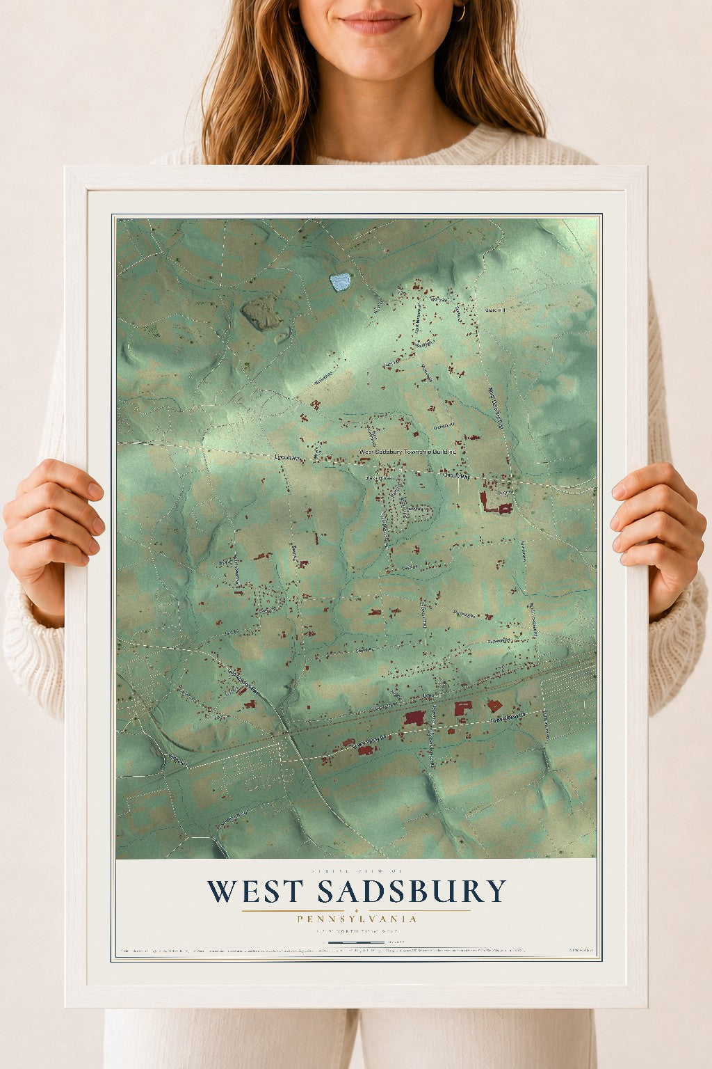 Map of West Sadsbury, Pennsylvania, 18 x 24 inch print in a white wood frame