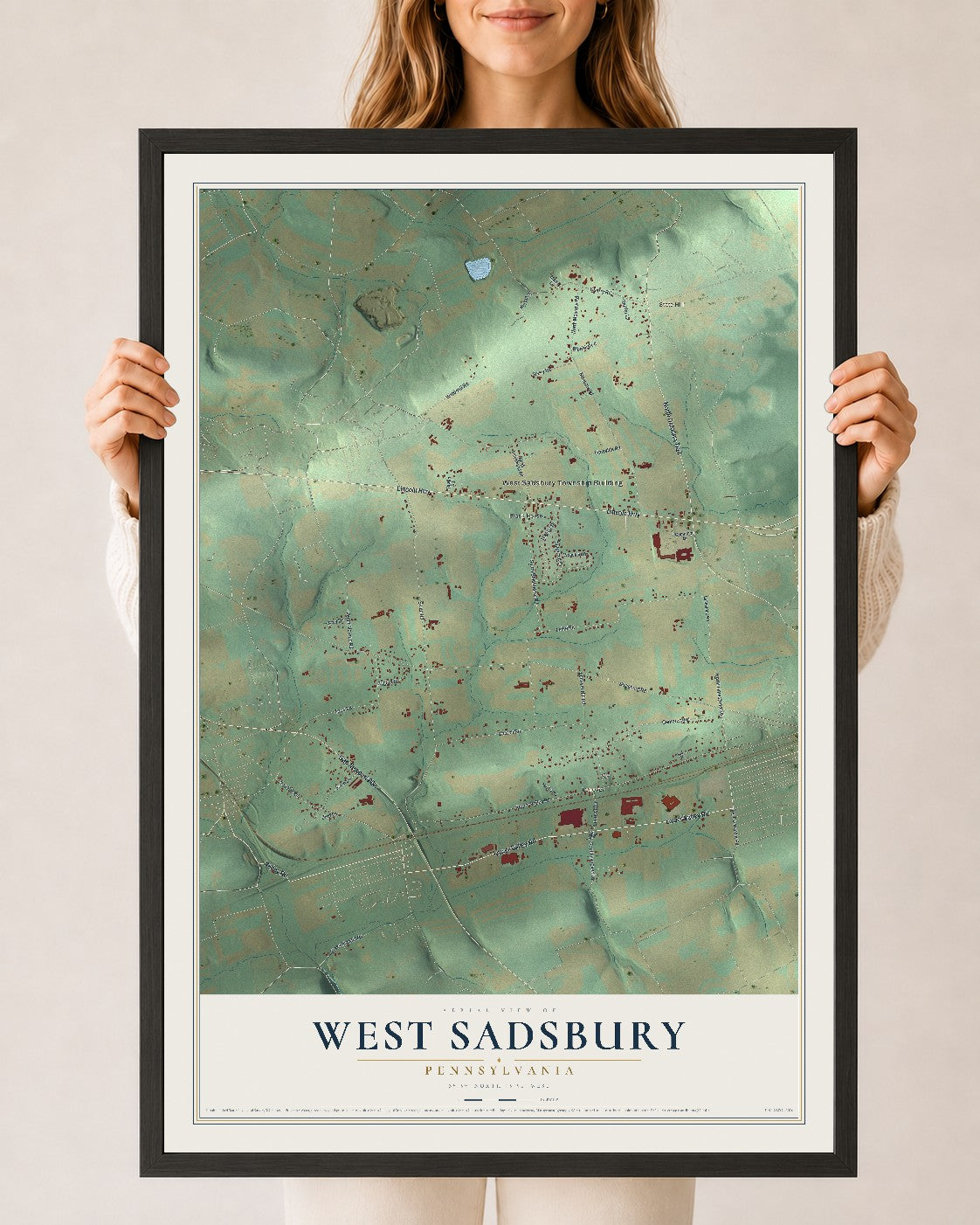 Map of West Sadsbury, Pennsylvania, 24 x 36 inch print in a black wood frame