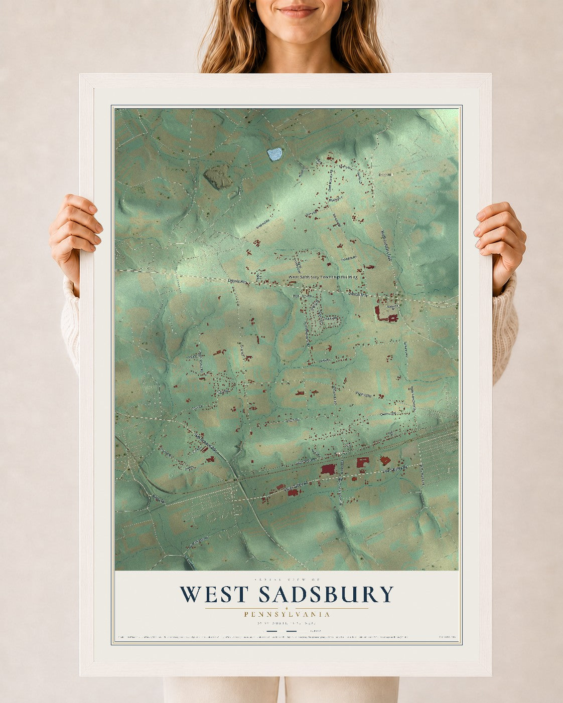 Map of West Sadsbury, Pennsylvania, 24 x 36 inch print in a white wood frame