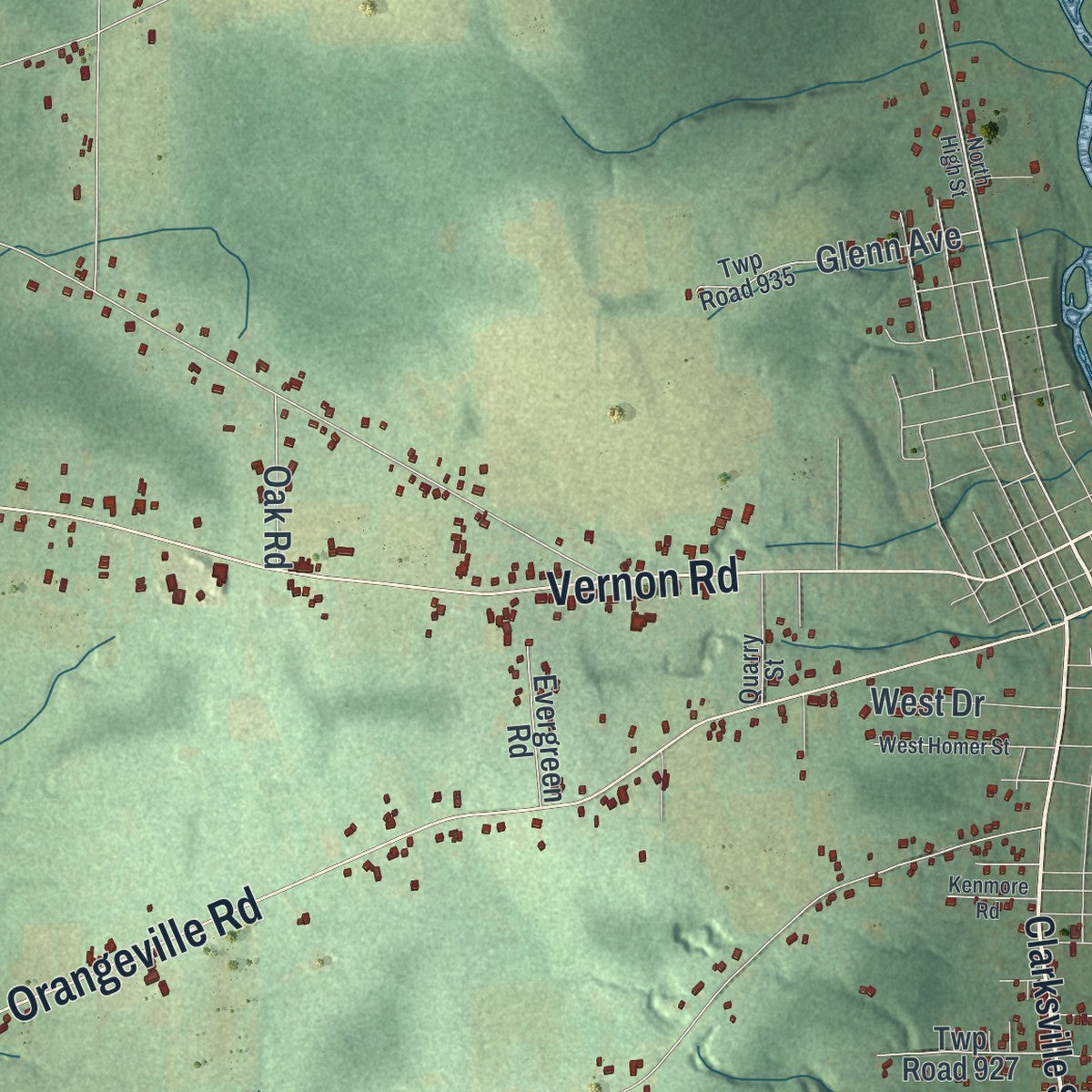 Close-up of the map of West Salem, Pennsylvania print showing street and building detail