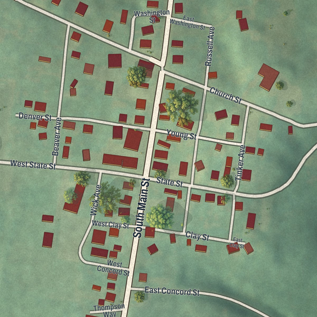 Close-up of the map of West Sunbury, Pennsylvania print showing street and building detail