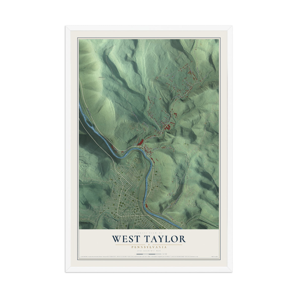 Map of West Taylor, Pennsylvania, 12 x 18 inch print in a white wood frame