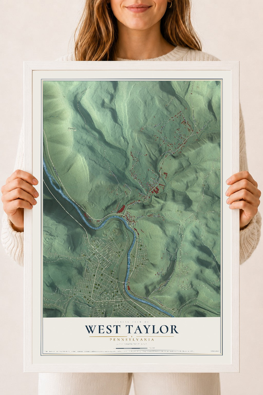 Map of West Taylor, Pennsylvania, 18 x 24 inch print in a white wood frame