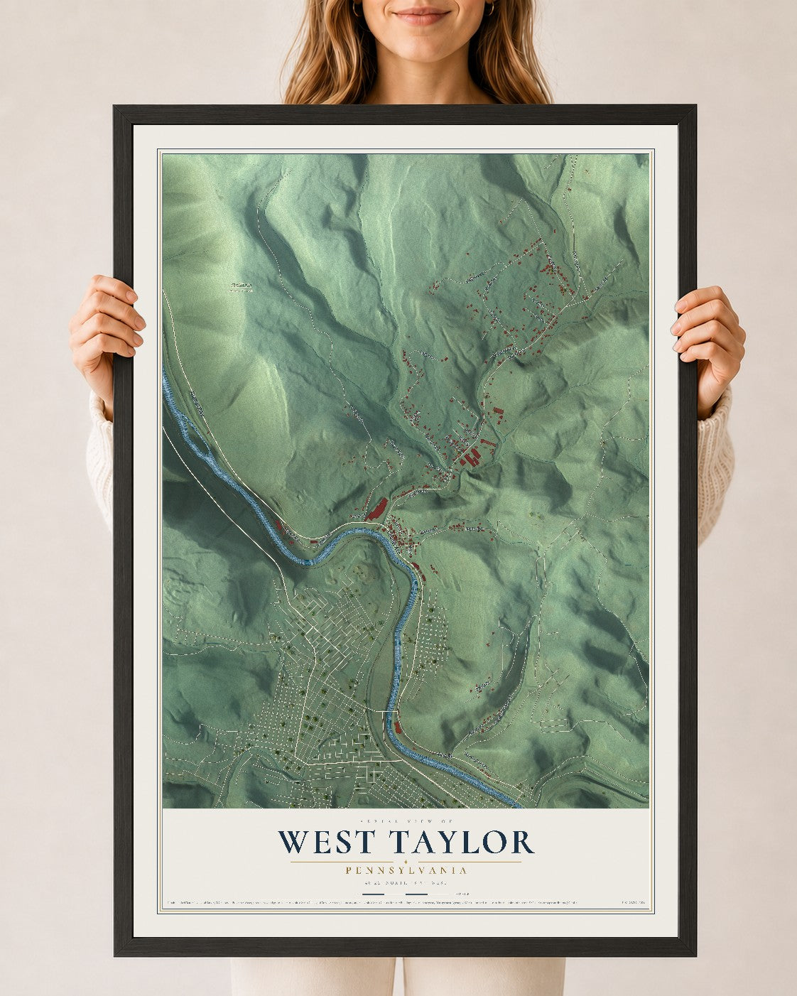 Map of West Taylor, Pennsylvania, 24 x 36 inch print in a black wood frame
