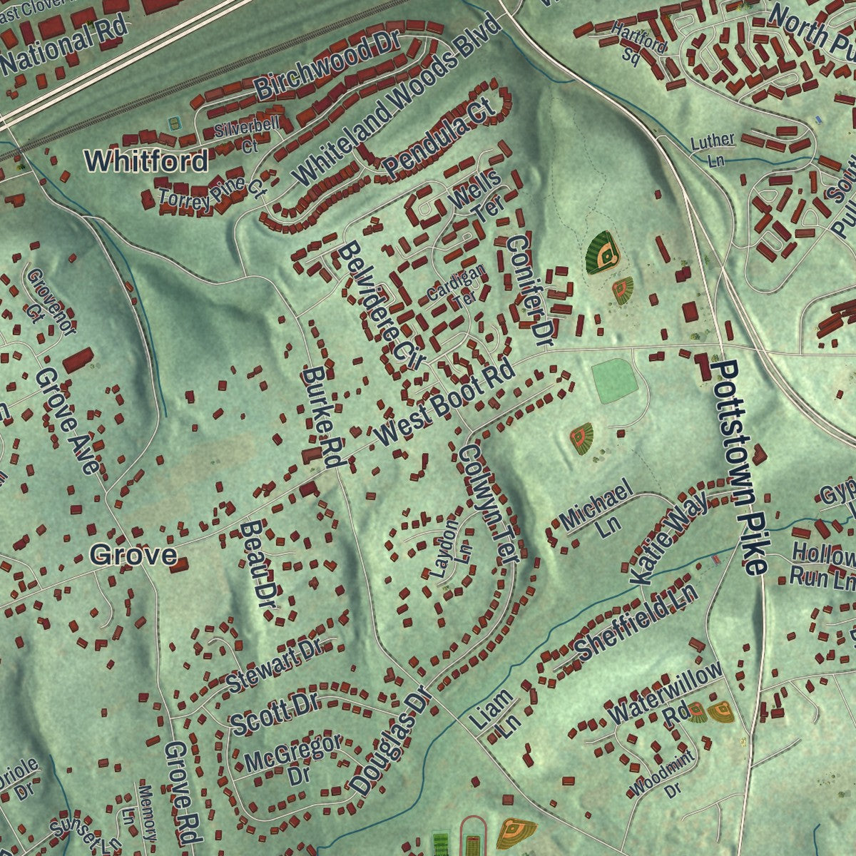 Close-up of the map of West Whiteland, Pennsylvania print showing street and building detail