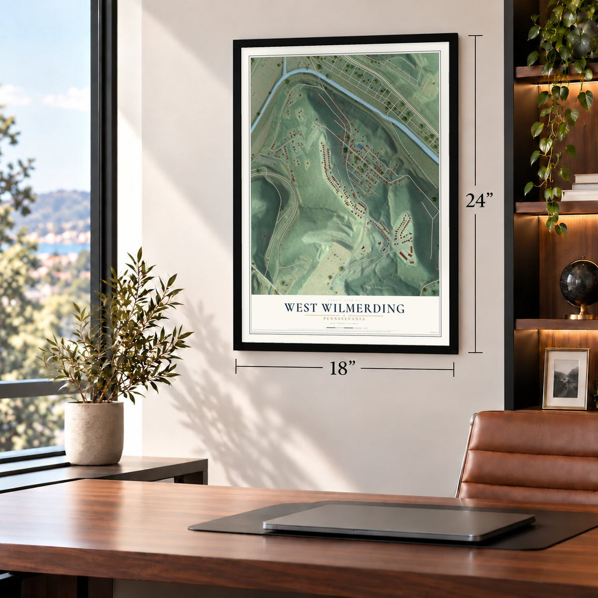 West Wilmerding, Pennsylvania map, 18 x 24 inch print in a black frame in a home office