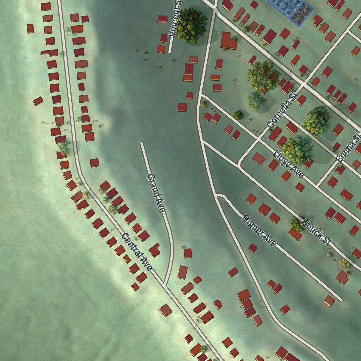 Close-up of the map of West Wilmerding, Pennsylvania print showing street and building detail