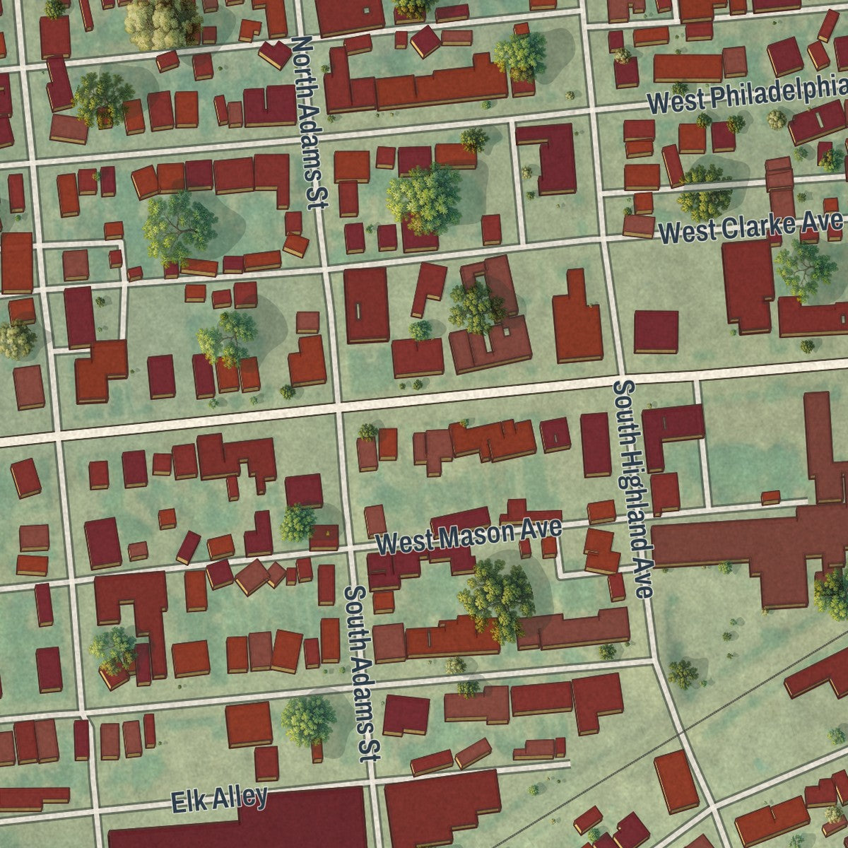 Close-up of the map of West York, Pennsylvania print showing street and building detail