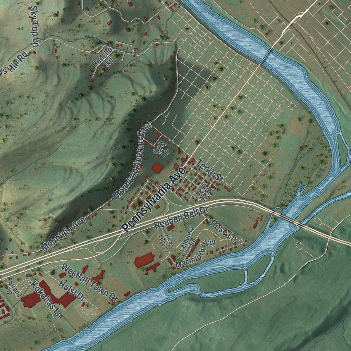 Close-up of the map of Westfall, Pennsylvania print showing street and building detail