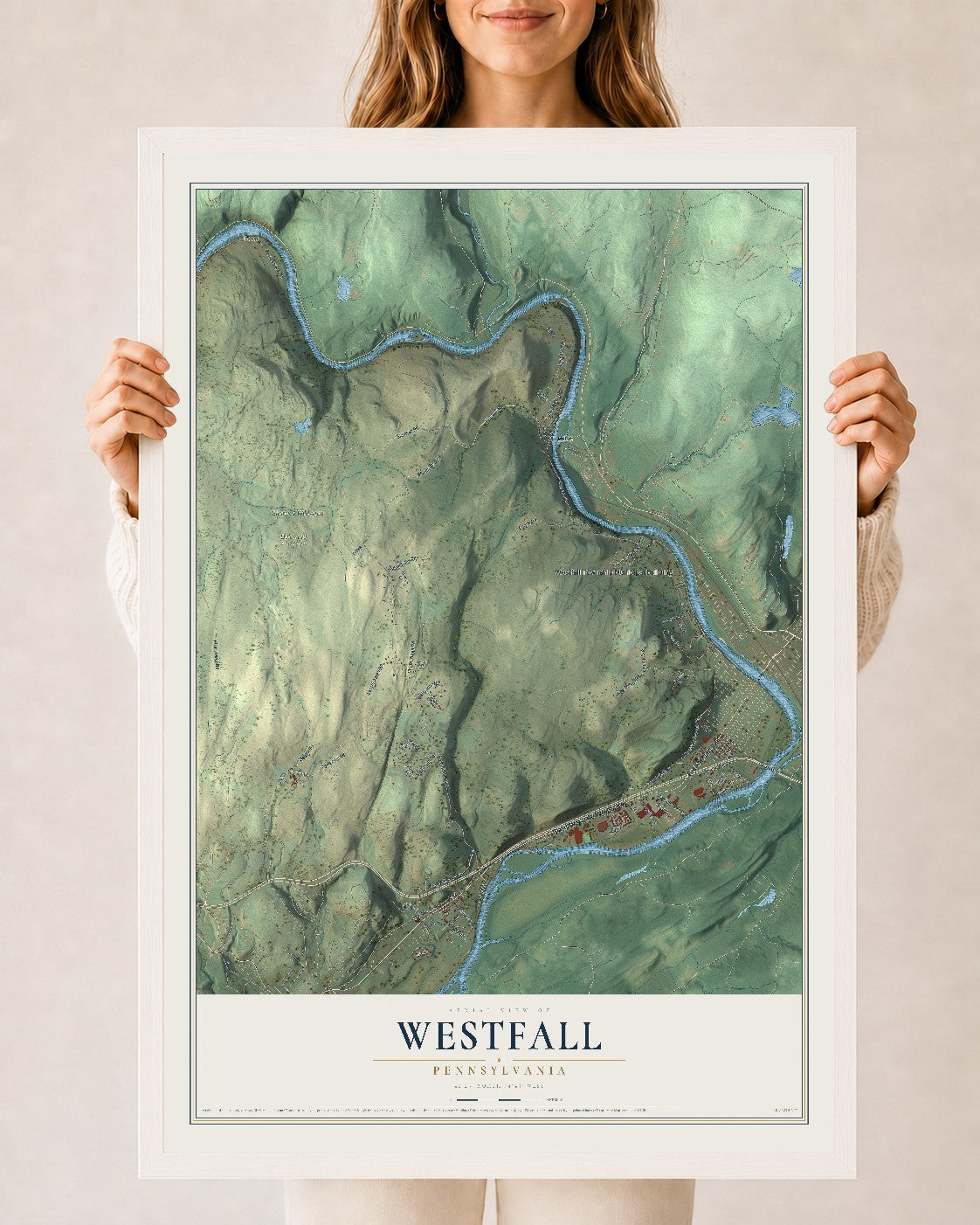 Map of Westfall, Pennsylvania, 24 x 36 inch print in a white wood frame