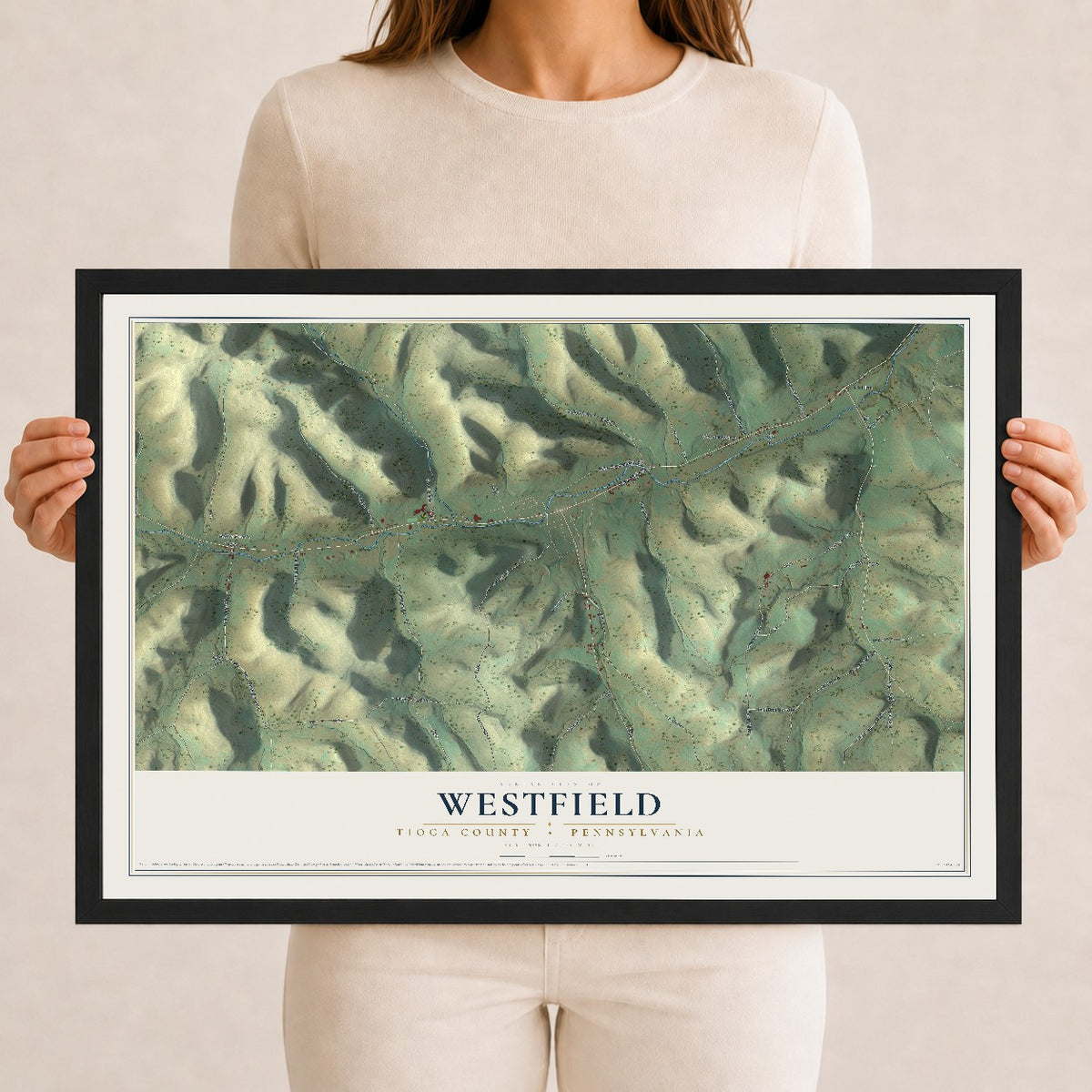 Map of Westfield, Tioga County, Pennsylvania, 12 x 18 inch print in a black wood frame