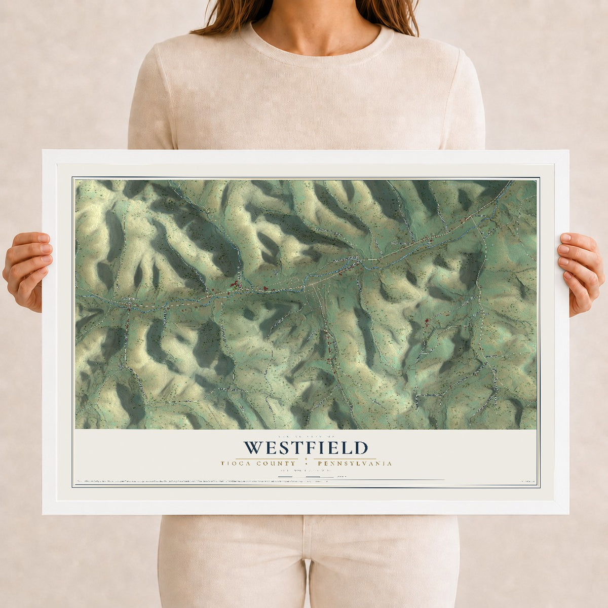 Map of Westfield, Tioga County, Pennsylvania, 12 x 18 inch print in a white wood frame