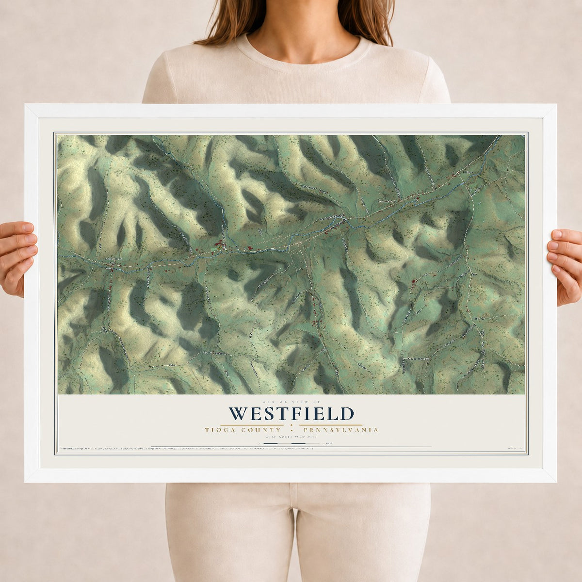 Map of Westfield, Tioga County, Pennsylvania, 18 x 24 inch print in a white wood frame