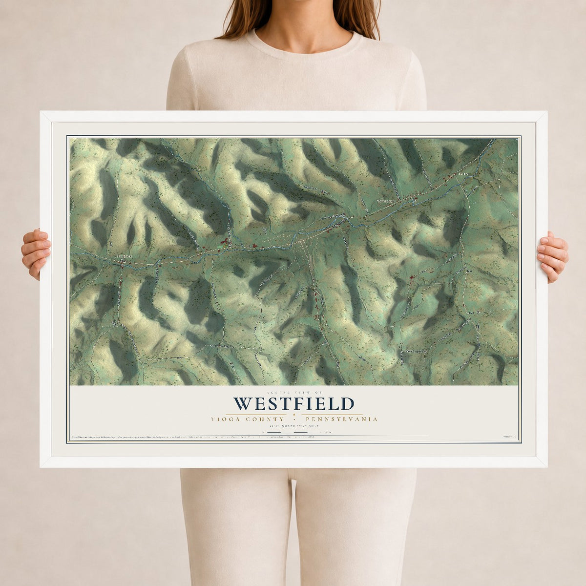 Map of Westfield, Tioga County, Pennsylvania, 24 x 36 inch print in a white wood frame