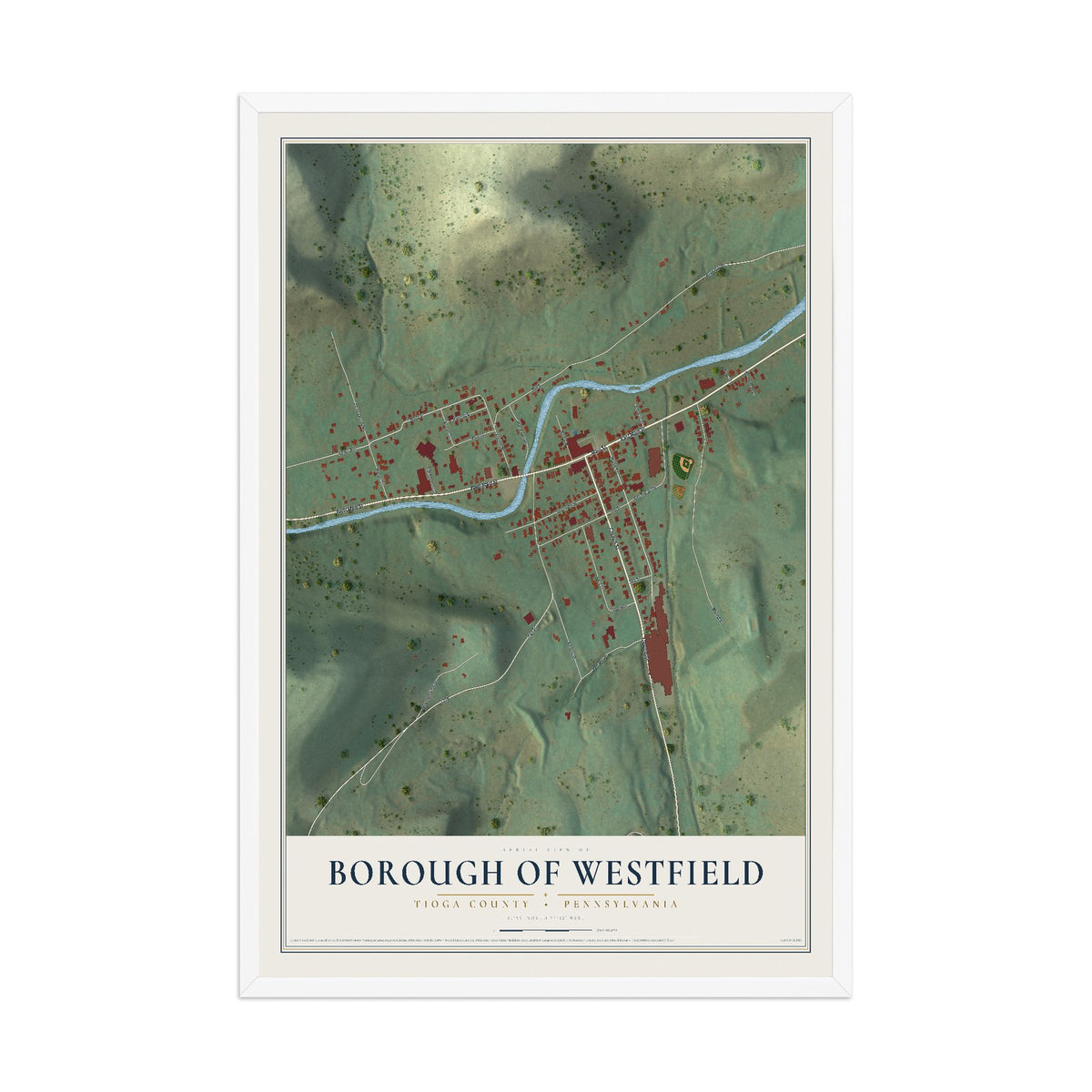 Map of the Borough of Westfield, Tioga County, Pennsylvania, 12 x 18 inch print in a white wood frame