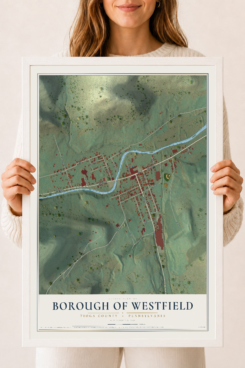 Map of the Borough of Westfield, Tioga County, Pennsylvania, 18 x 24 inch print in a white wood frame