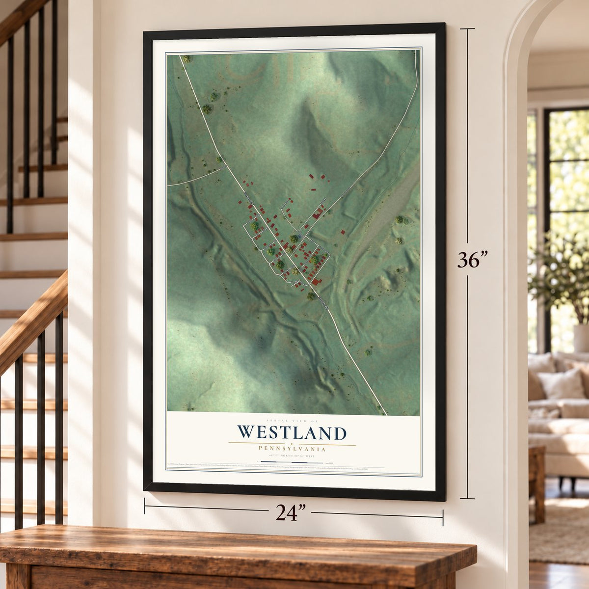 Westland, Pennsylvania map, 24 x 36 inch print in a black frame by a staircase