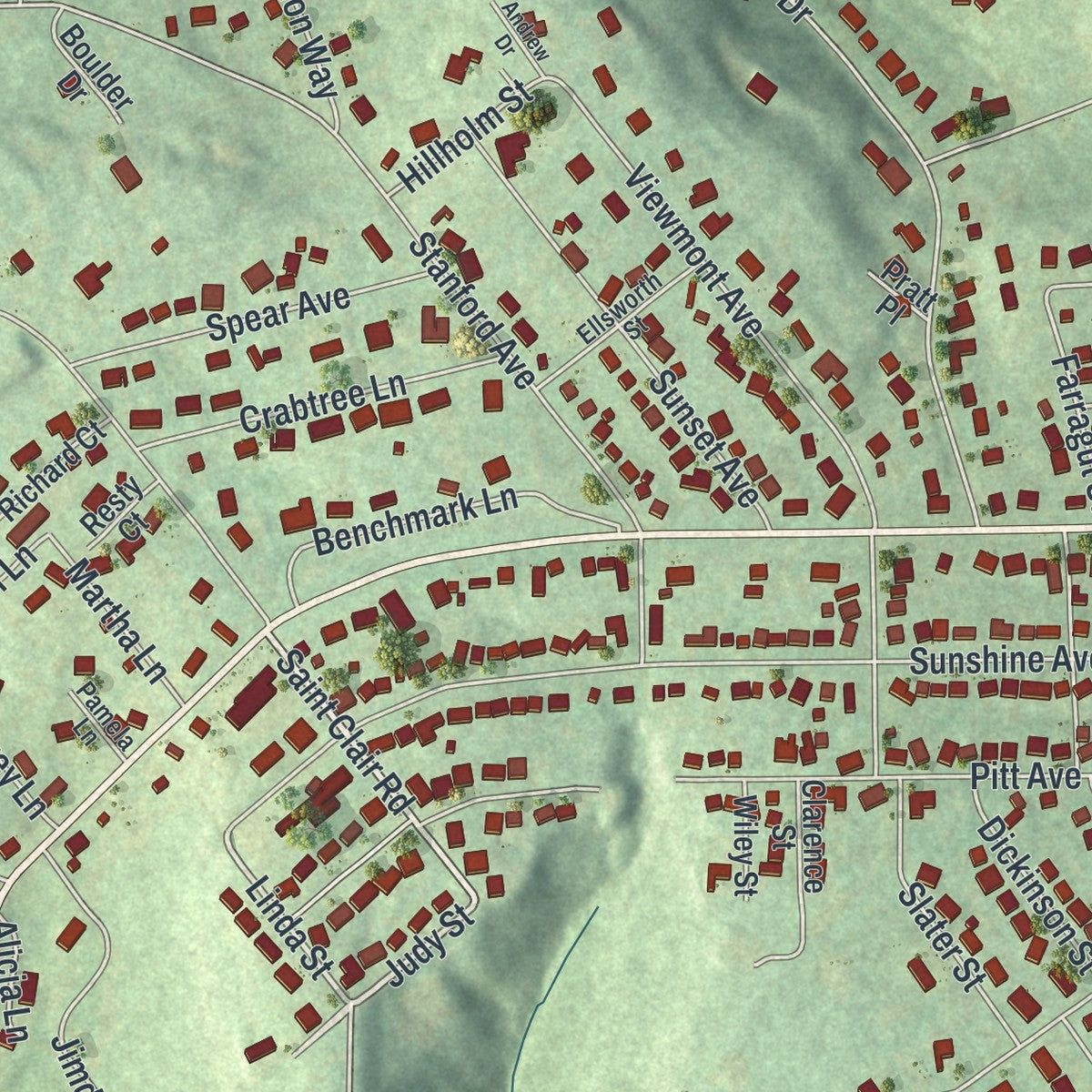 Second close-up of the map of Westmont, Pennsylvania print showing more streets and buildings