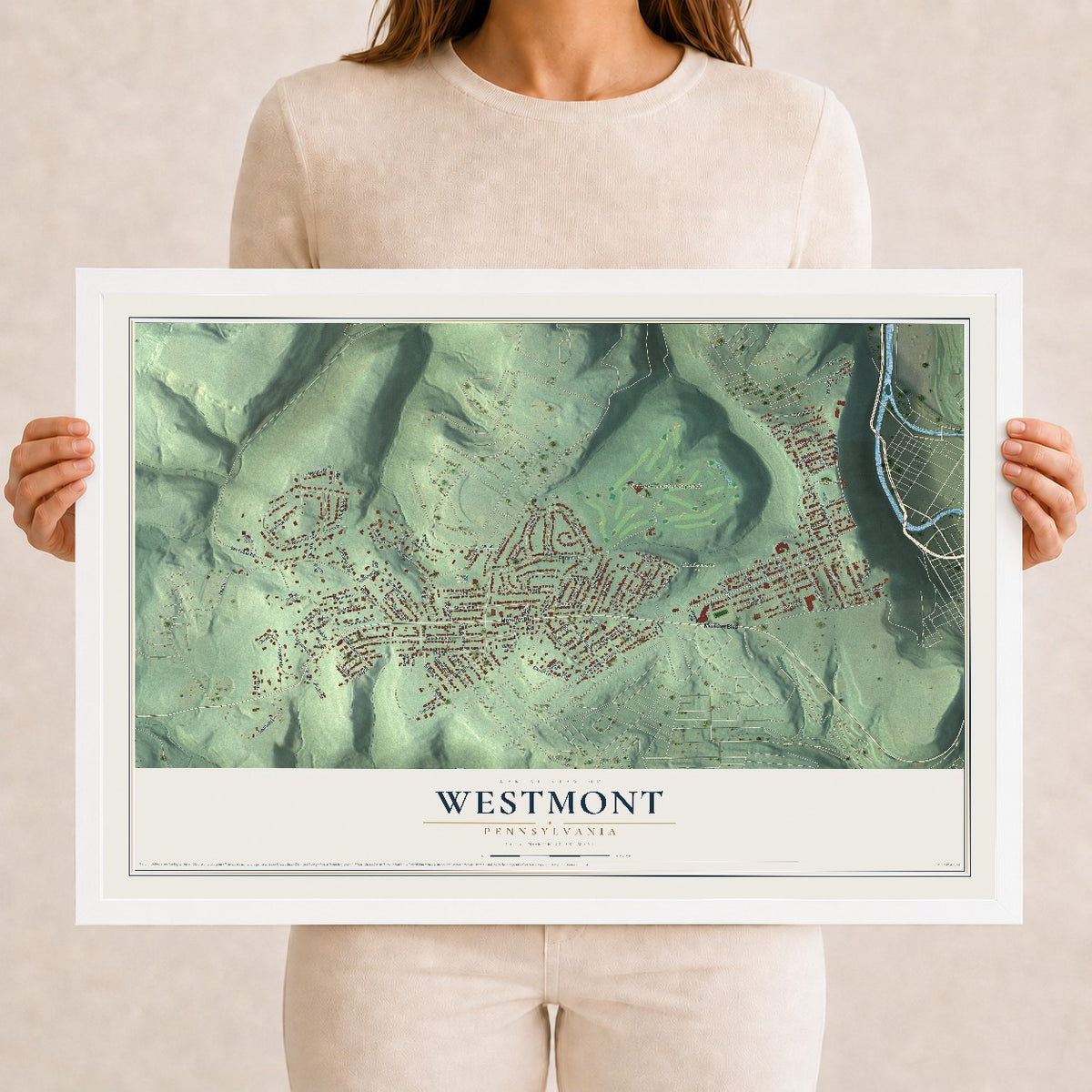 Map of Westmont, Pennsylvania, 12 x 18 inch print in a white wood frame