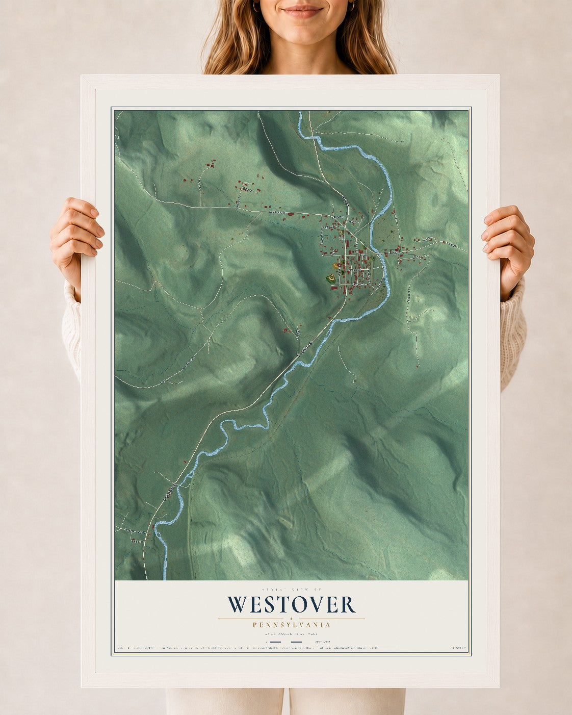 Map of Westover, Pennsylvania, 24 x 36 inch print in a white wood frame