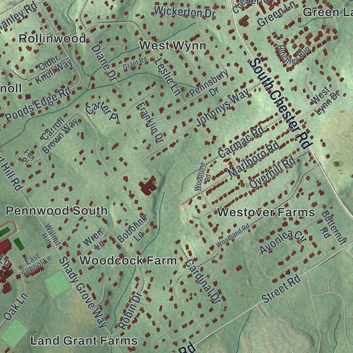 Close-up of the map of Westtown, Pennsylvania print showing street and building detail