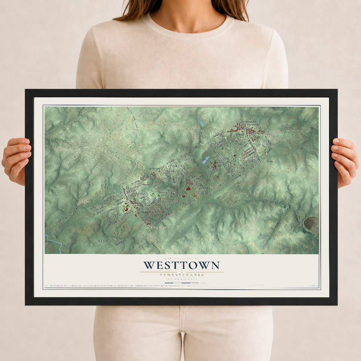 Map of Westtown, Pennsylvania, 12 x 18 inch print in a black wood frame