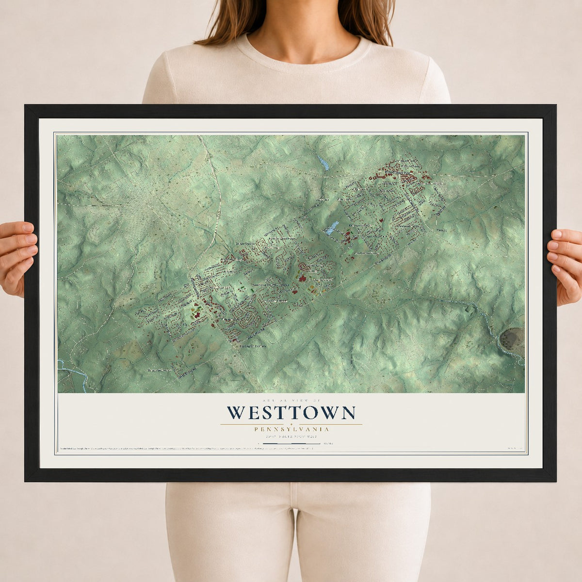 Map of Westtown, Pennsylvania, 18 x 24 inch print in a black wood frame